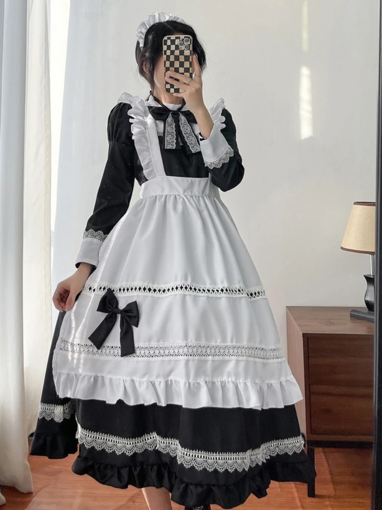 Plus Size Lolita Dress Anime Cosplay School Girl Maid Uniform Goth Lolita Black White Medieval Dress Long Sleeve Apron Outfits - immagine 8