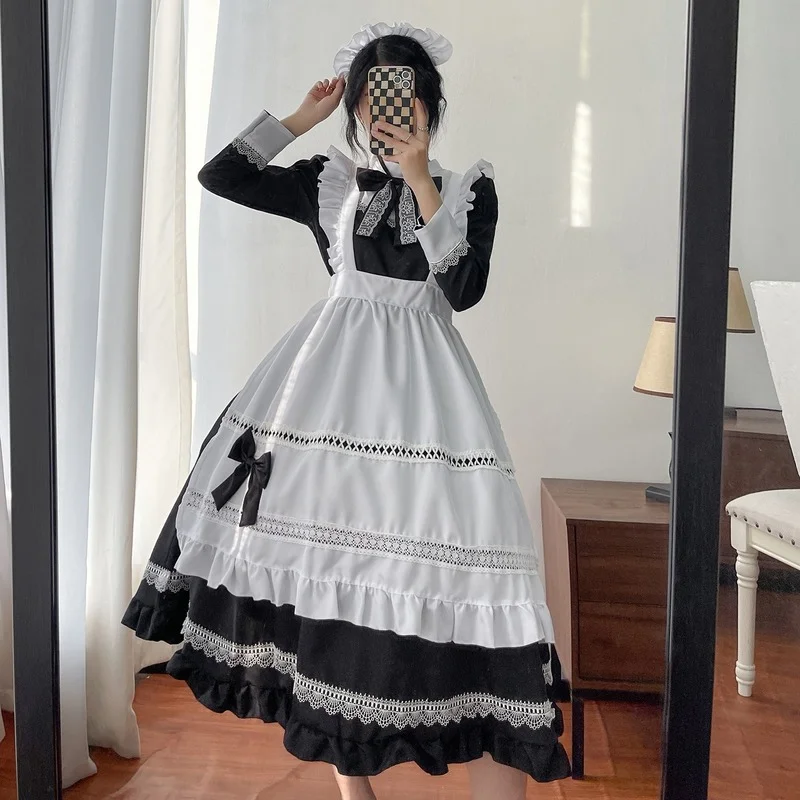 Plus Size Lolita Dress Anime Cosplay School Girl Maid Uniform Goth Lolita Black White Medieval Dress Long Sleeve Apron Outfits - immagine 9