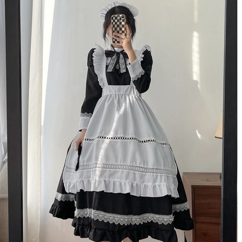 Plus Size Lolita Dress Anime Cosplay School Girl Maid Uniform Goth Lolita Black White Medieval Dress Long Sleeve Apron Outfits - immagine 7