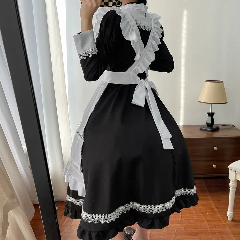 Plus Size Lolita Dress Anime Cosplay School Girl Maid Uniform Goth Lolita Black White Medieval Dress Long Sleeve Apron Outfits - immagine 2