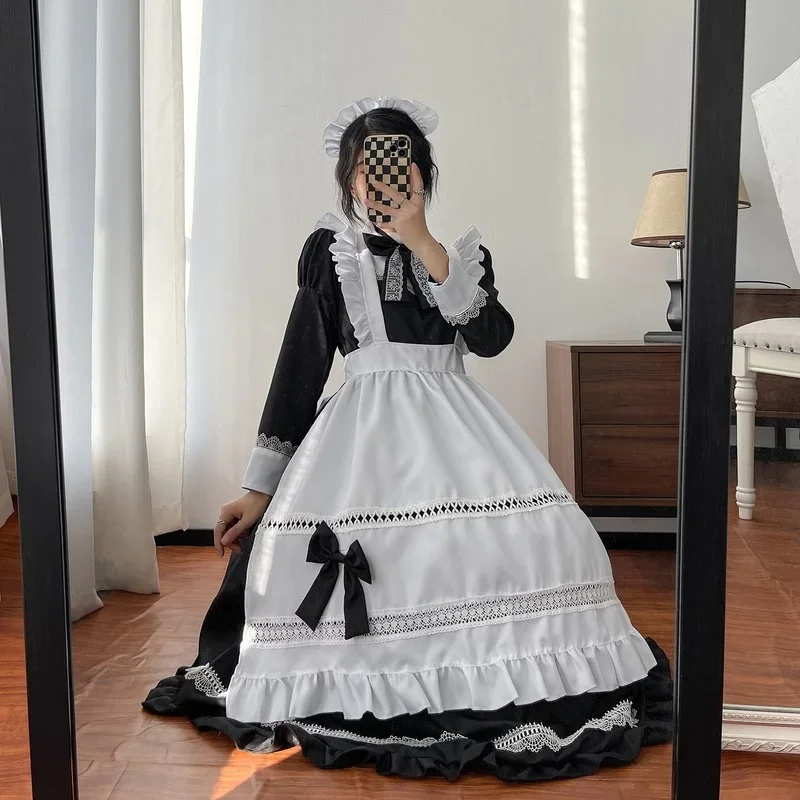 Plus Size Lolita Dress Anime Cosplay School Girl Maid Uniform Goth Lolita Black White Medieval Dress Long Sleeve Apron Outfits - immagine 5