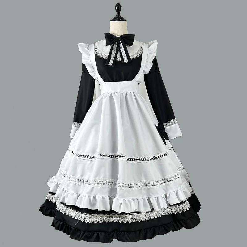 Plus Size Lolita Dress Anime Cosplay School Girl Maid Uniform Goth Lolita Black White Medieval Dress Long Sleeve Apron Outfits - immagine 13
