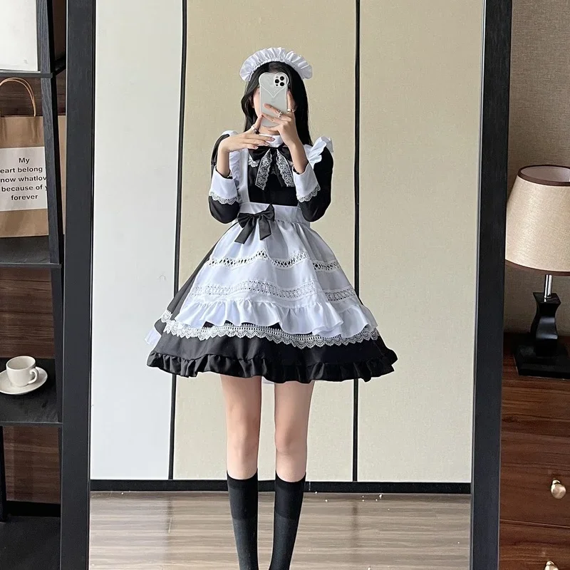 Plus Size Lolita Dress Anime Cosplay School Girl Maid Uniform Goth Lolita Black White Medieval Dress Long Sleeve Apron Outfits - immagine 6