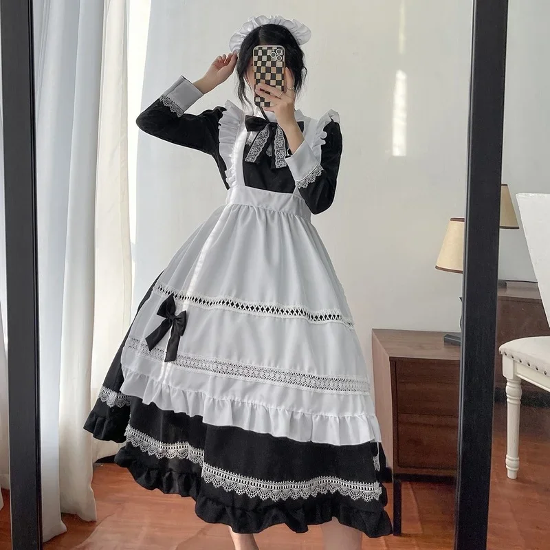 Plus Size Lolita Dress Anime Cosplay School Girl Maid Uniform Goth Lolita Black White Medieval Dress Long Sleeve Apron Outfits - immagine 4